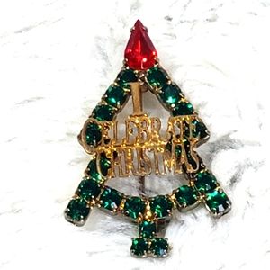 Gold Tone High End Stacked Glass Crystal Green Red Celebrate Christmas Tree